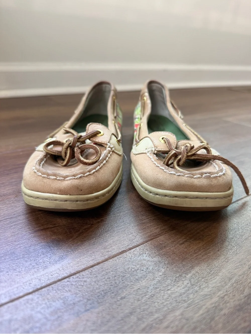 Sperry Tan Leather Boat Shoes with Floral Side Panel